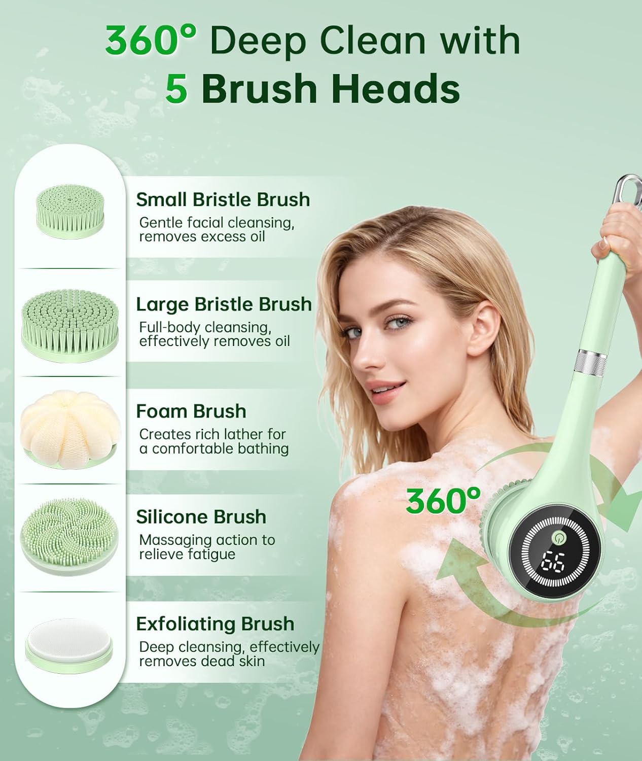 Electric Body Brush Back Scrubber for Shower, Waterproof Long Handle Power Auto Body Scrubber with 5 Heads, 3-Speed Rechargeable Bath Brush for Women, Men, Deep Cleansing, Exfoliating, Massage Skin