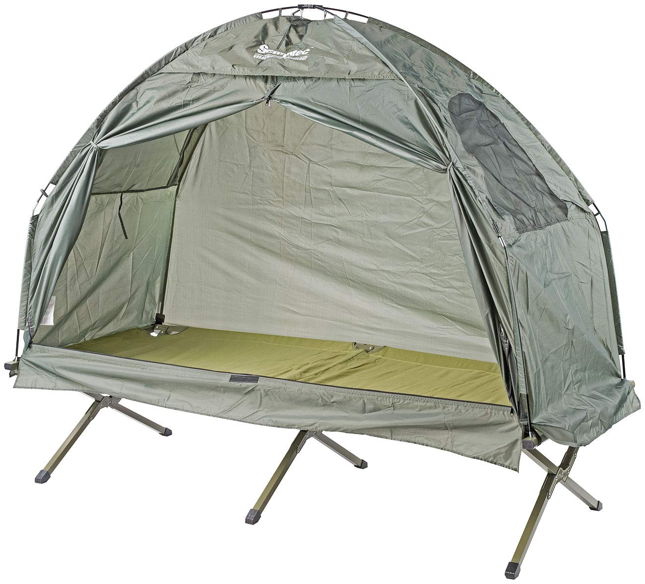 Semptec Urban Survival Technology Liegezelt: 2in1-Zelt mit Alu-Feldbett, 1200 mm Wassersäule, 193 x 78 x 160 cm (Bettzelt, Schlafzelt, Angel)