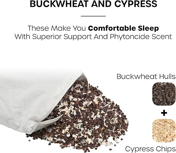12-inch Korean Buckwheat Cervical Neck Roll Compact Cypress-Filled Bolster Pillow for Targeted Neck Support (BTS Jungkook's Pick) Adjustable Firmness, Organic Cotton Cover