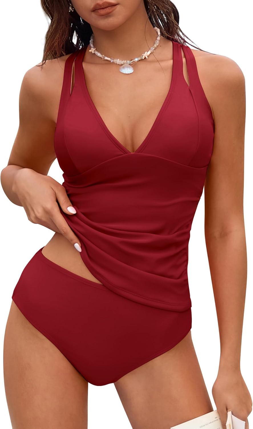 ZAFUL Womens Tankini Swimsuits Tummy Control Two Piece Bathing Suits Modest Ruched Tie Back Swimwear Mid Rise