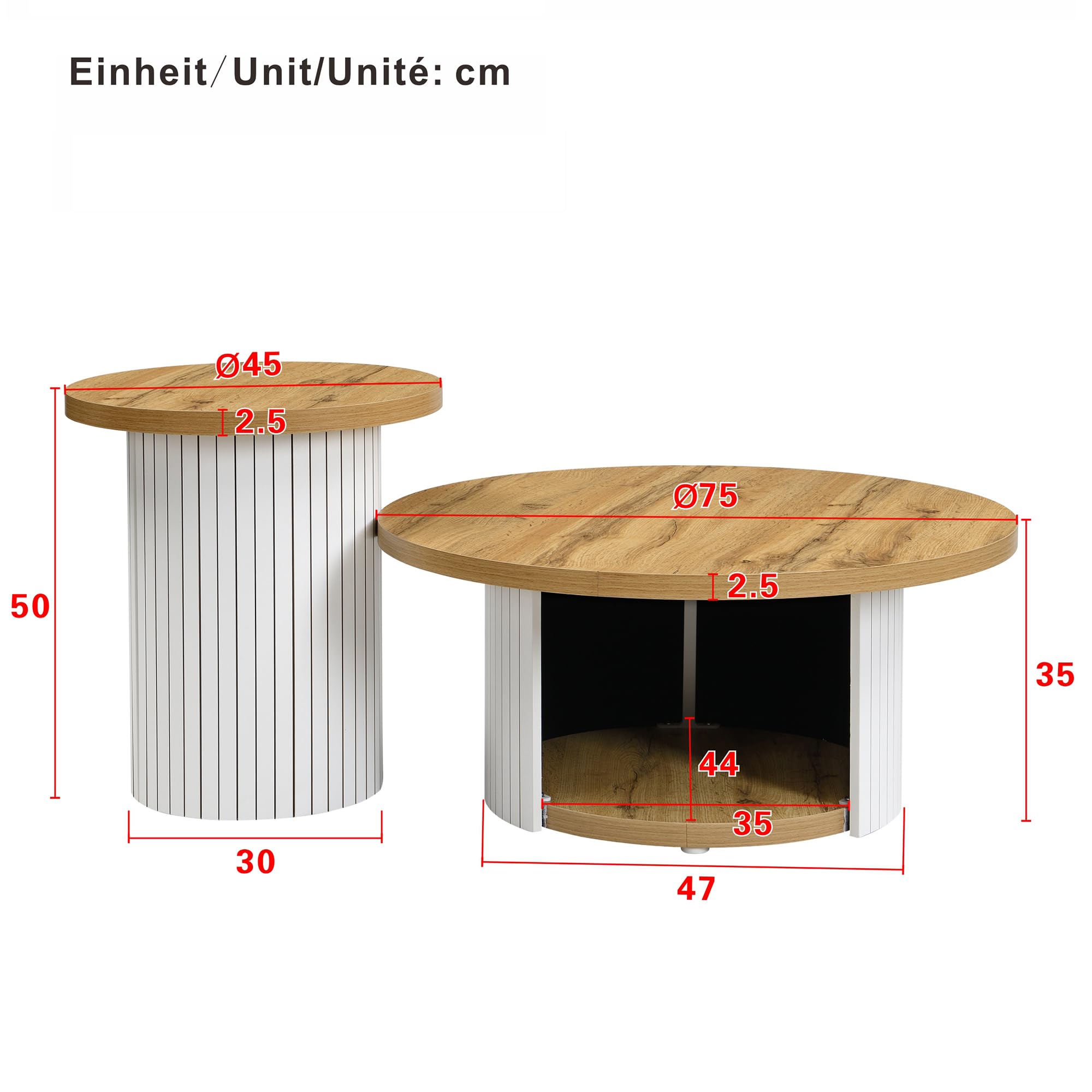 Mesa de centro, mesa redonda doble, mesa auxiliar con listones de madera natural. Mesa de salón multifuncional