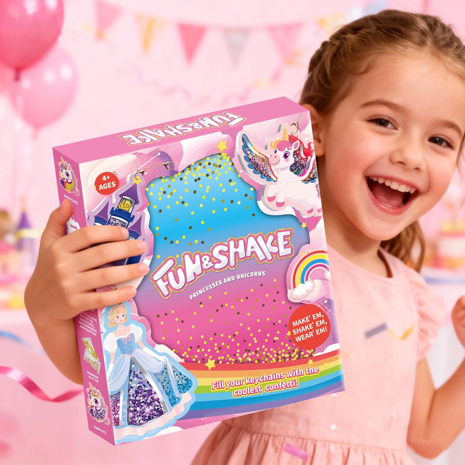 MZYTOZA Fun & Shake DIY Glitter Craft Kit with Keychains for Kids,Unicorns and Princesses Art & Craft Activity,Creative Travel Toy, Party Favors & Valentine's Gift for Ages 4-9