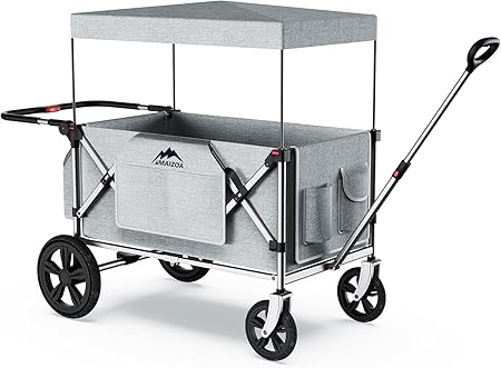 Foldable Wagons for Two Kids & Cargo, with 5-Point Harnesses,Adjustable Push/Pull Handle, Removable Sun Canopy, One-Step Locking Design, Suitable for Family Travel, Two Children Ride, Gift