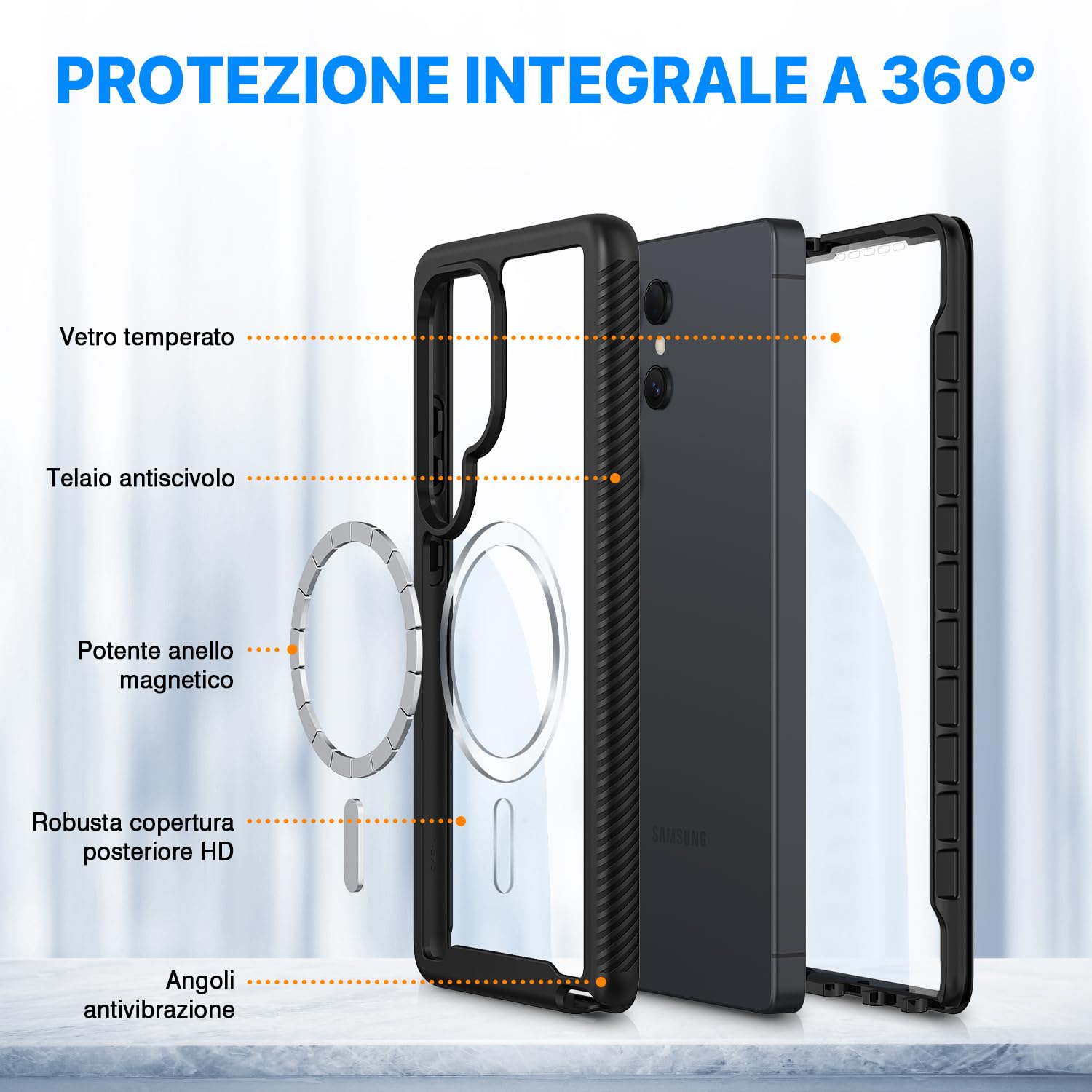 CENHUFO Magnetica Cover Samsung Galaxy S25 Ultra, 360 Gradi Antiurto con Protezione Schermo Integrata Rugged Trasparente Case Doppia Faccia Fronte Retro Custodia per Samsung Galaxy S25 Ultra -Nero