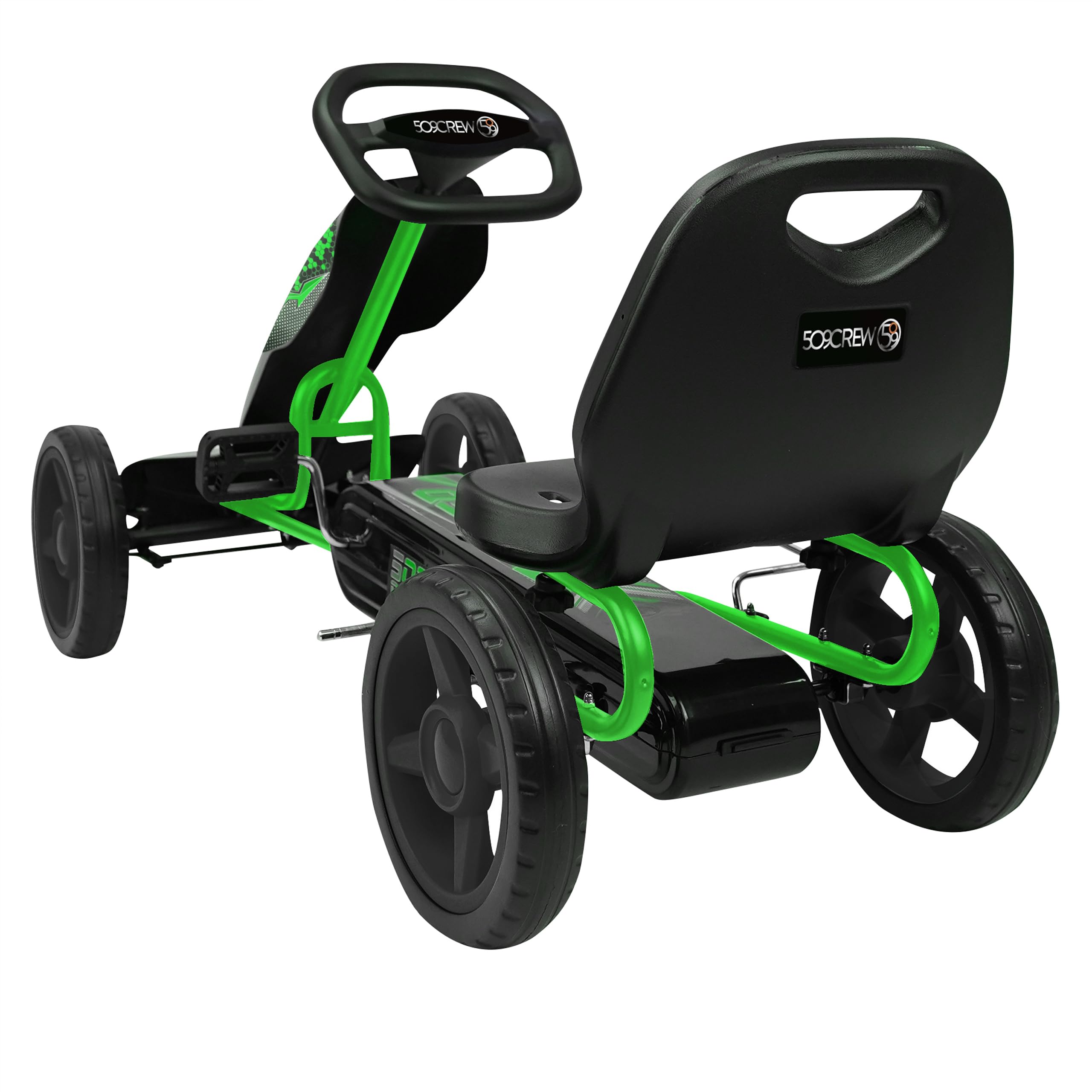 509 Crew XSpeed Pedal Go Kart, Pedal Car, Ride On, Sporty Graphics on The Front Fairing, Adjustable Seat, 4 Spoke Rims 25cm (10") Eva Wheels, Sporty Steering Wheel, with Hand Brake, Ages 4+ (Green)
