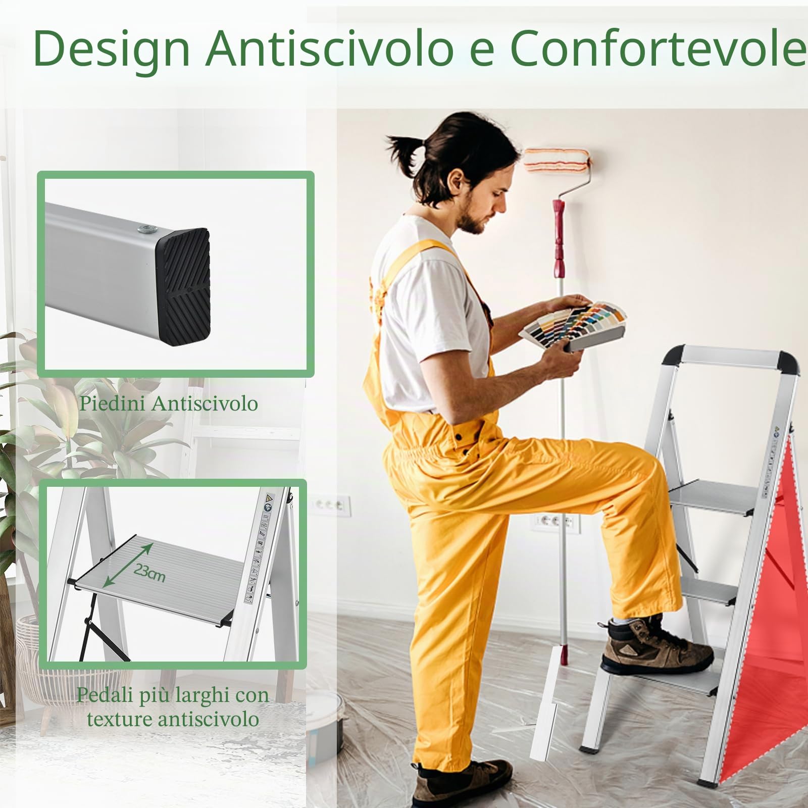 SOARS Scala 3 Gradini in Alluminio, Scaletta Pieghevole con Piedini Antiscivolo, Leggera e Portatile, Portata 150 kg, Attacco & Fibbia di Sicurezza, per Casa, Officina, Garage, 44 X 62 X 109 CM