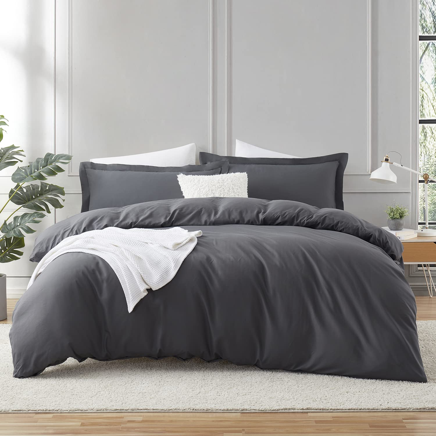 Hearth & Harbor 3Pc Dark Grey Duvet Cover Set, Full Size, Soft Brushed Microfiber, 1 Duvet Cover 80x90in, 2 Pillow Shams, Button Closure
