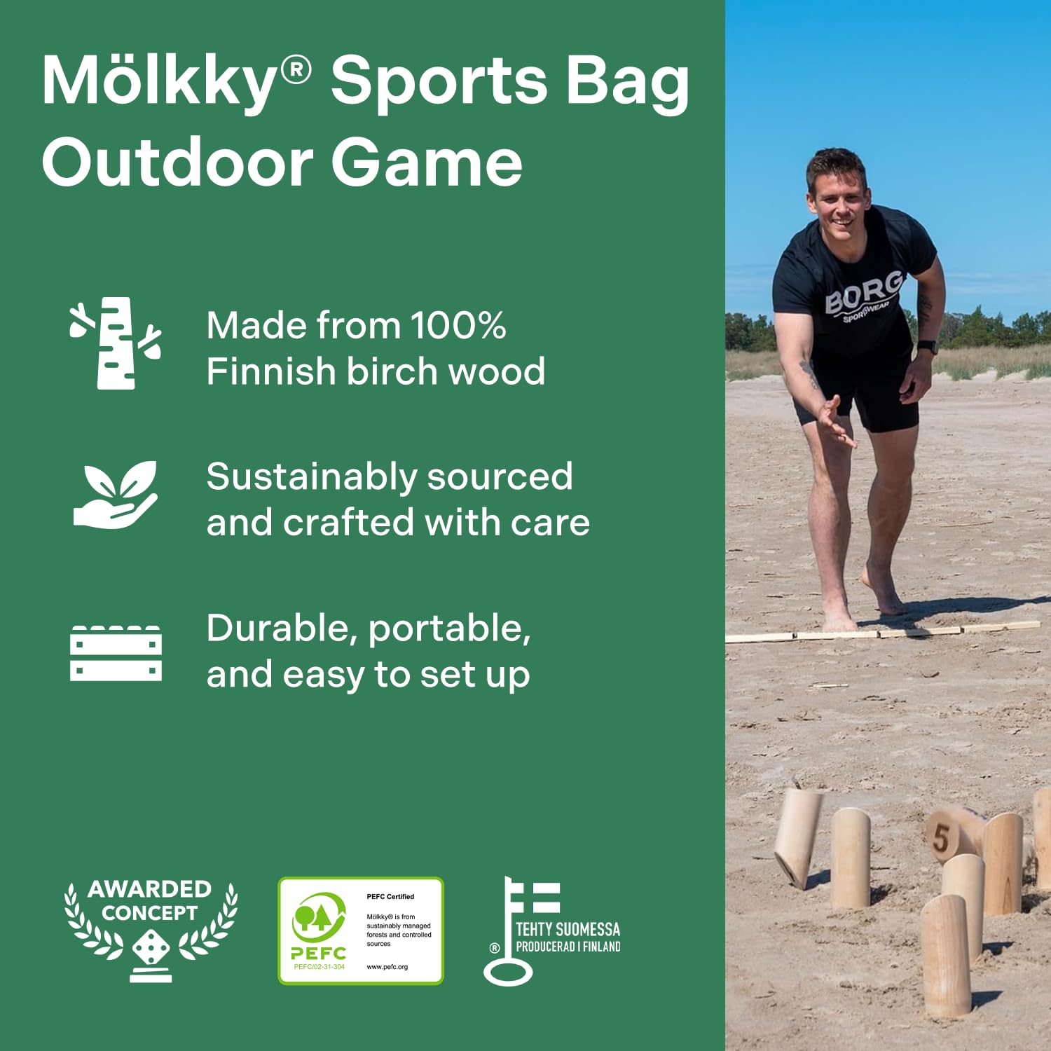 Mölkky Torba sportowa, drewno brzozowe, 12 kręgle, 1 patyk, podkładka wyników, Mölkkaari, turniejowe gry zewnętrzne, do ogrodu, czas wolny, gra dla rodziny i przyjaciół