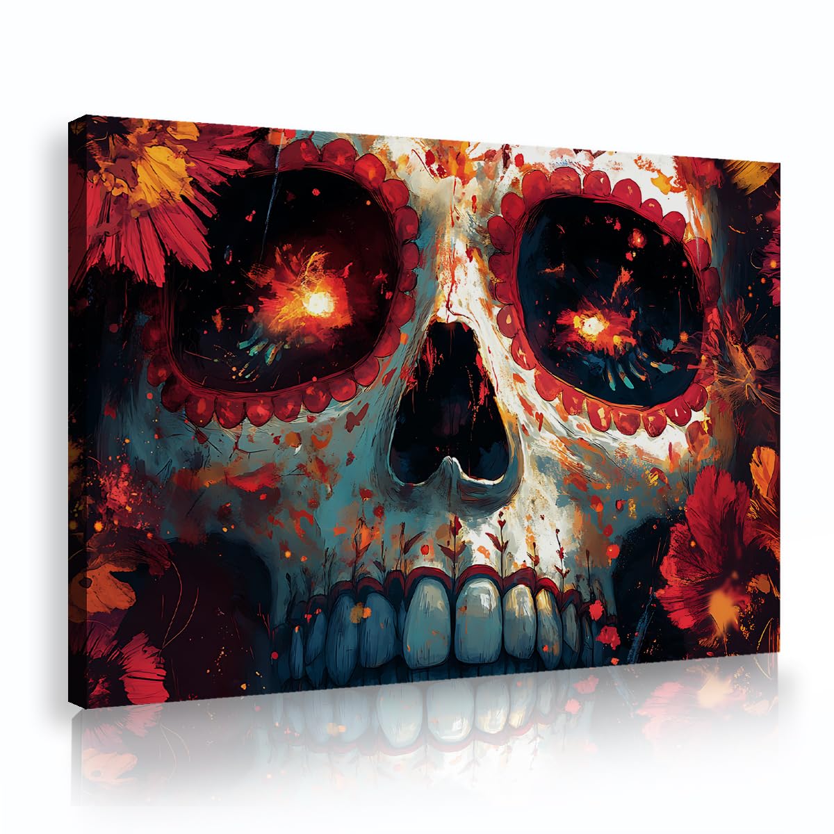 SHENGPOSTER Abstract Gothic Canvas Wall Art Sugar Skull Red Rose Oil Painting Style Dark Surrealism Skeleton Wall Prints for Creative Studio Office Innerframe 85x120cm