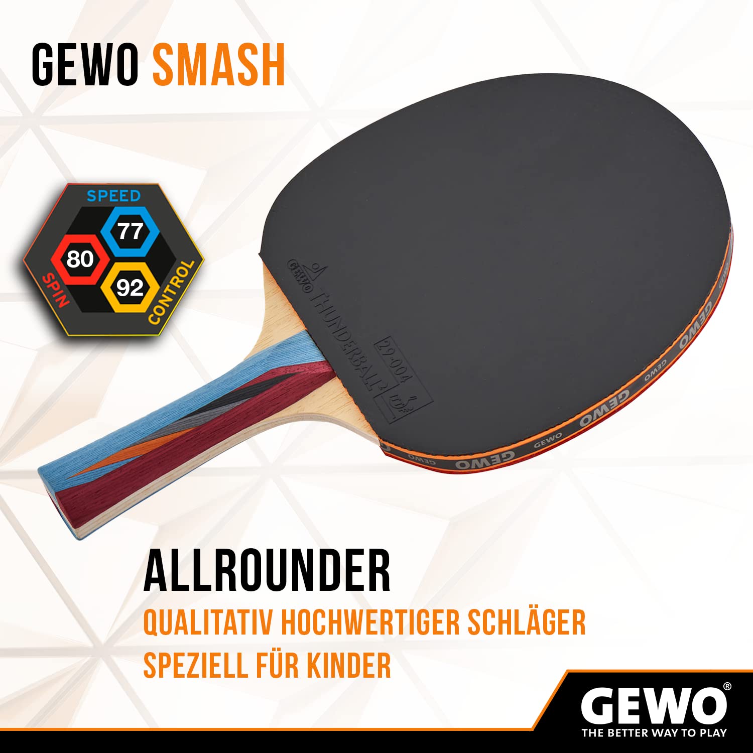 GEWO SMASH Tischtennisschläger - ITTF genehmigter Allroundschläger für Kinder, Wettkampf-Komplettschläger mit kontrolliertem Thunderball 2 Belag und hohen Rotationseigenschaften, konkav, 2,0mm Schwamm