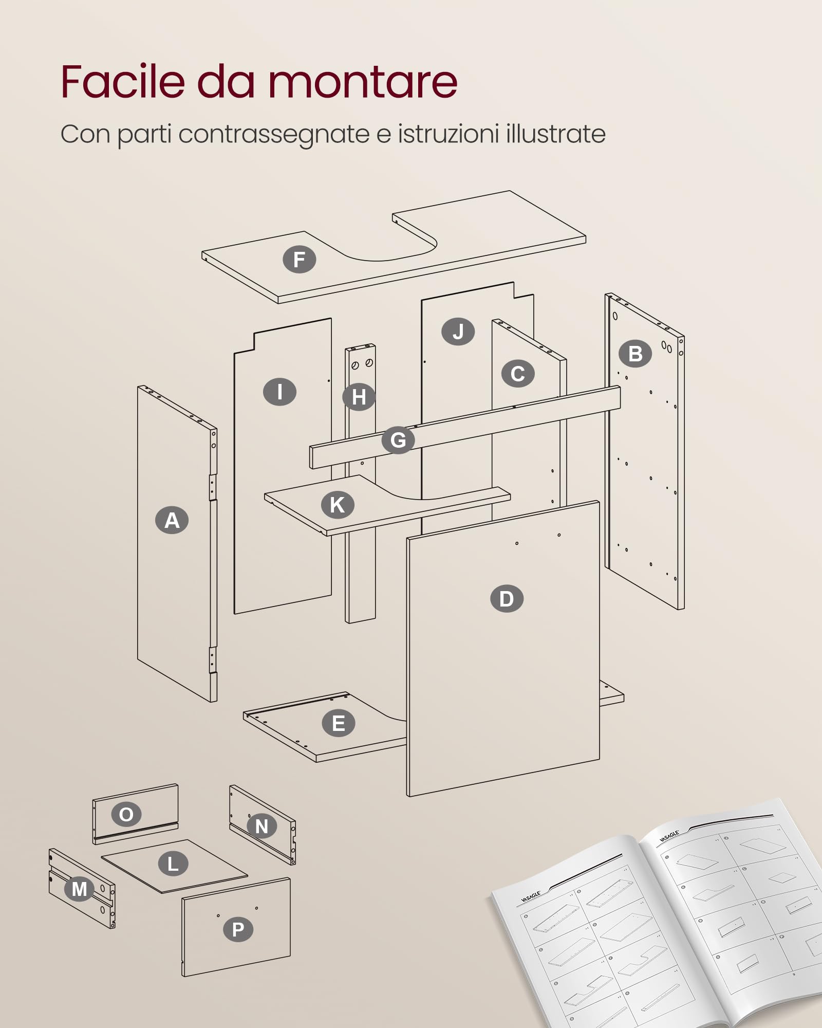 VASAGLE Mobile Sottolavabo per Bagno, Mobiletto da Bagno, 3 Cassetti Laterali, 2 Scomparti dietro l'Anta, per Lavabi con Colonna, con Piedini, 30 x 70 x 64 cm, Bianco Nuvola BBK504W01