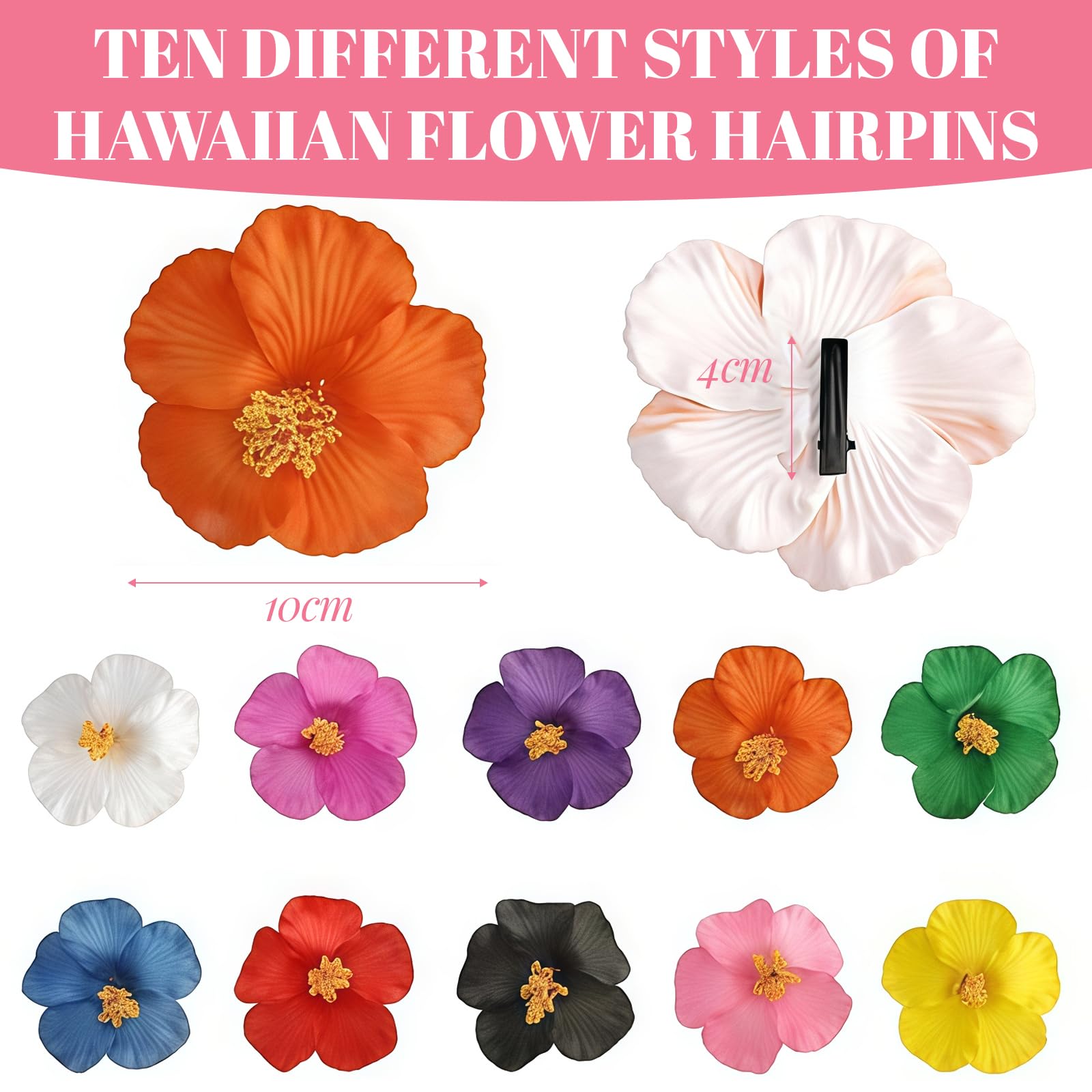 AstraGlam 10Pcs Flower Hair Clips for Women 3.5 Inch Hawaiian Hibiscus Hair Clip - Image 2