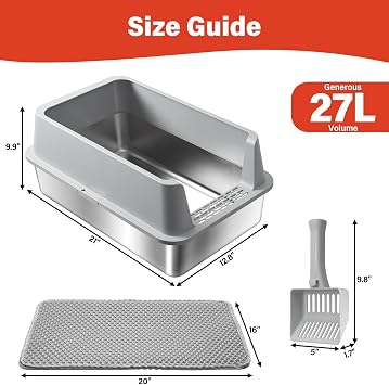 Cat Litter Box, TOKXTIK Stainless Steel Litter Box,XL Metal Tall Litterbox,Large Litterbox with High Side Wall,Non-Stick,Easy Cleaning,Anti-Leakage,Odorless,Includes Litter Mat、Scoop (2 Pack)