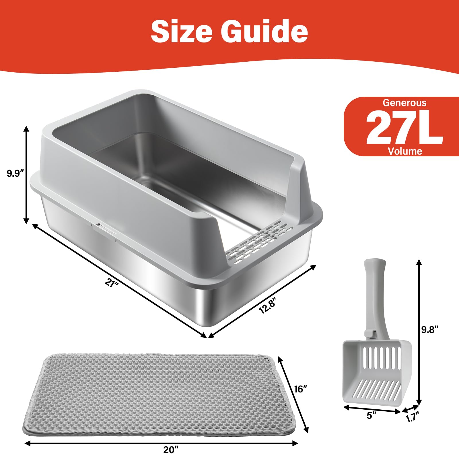 2PACK Stainless Steel Litter Box, Metal Litter Box with High Sides Lid, XL Large Cat Litter Boxes for Big Cats, Never Absorbs Odors, Anti-Urine Leakage, Easy Cleaning, Non-Stick, Include Scoop and Mat - image 2