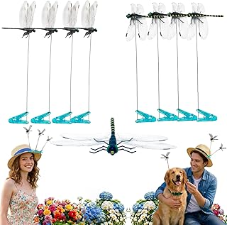 8 Pack Realistic Dragonfly Clip, 3D Black Fake Dragonfly Decoy, Lifelike Artificial Dragonflies Hat Clip and Garden Stakes Decor for Outdoor, Hiking, Patio (4 Dots+4 Stripes Dragonfl Mixed Design)