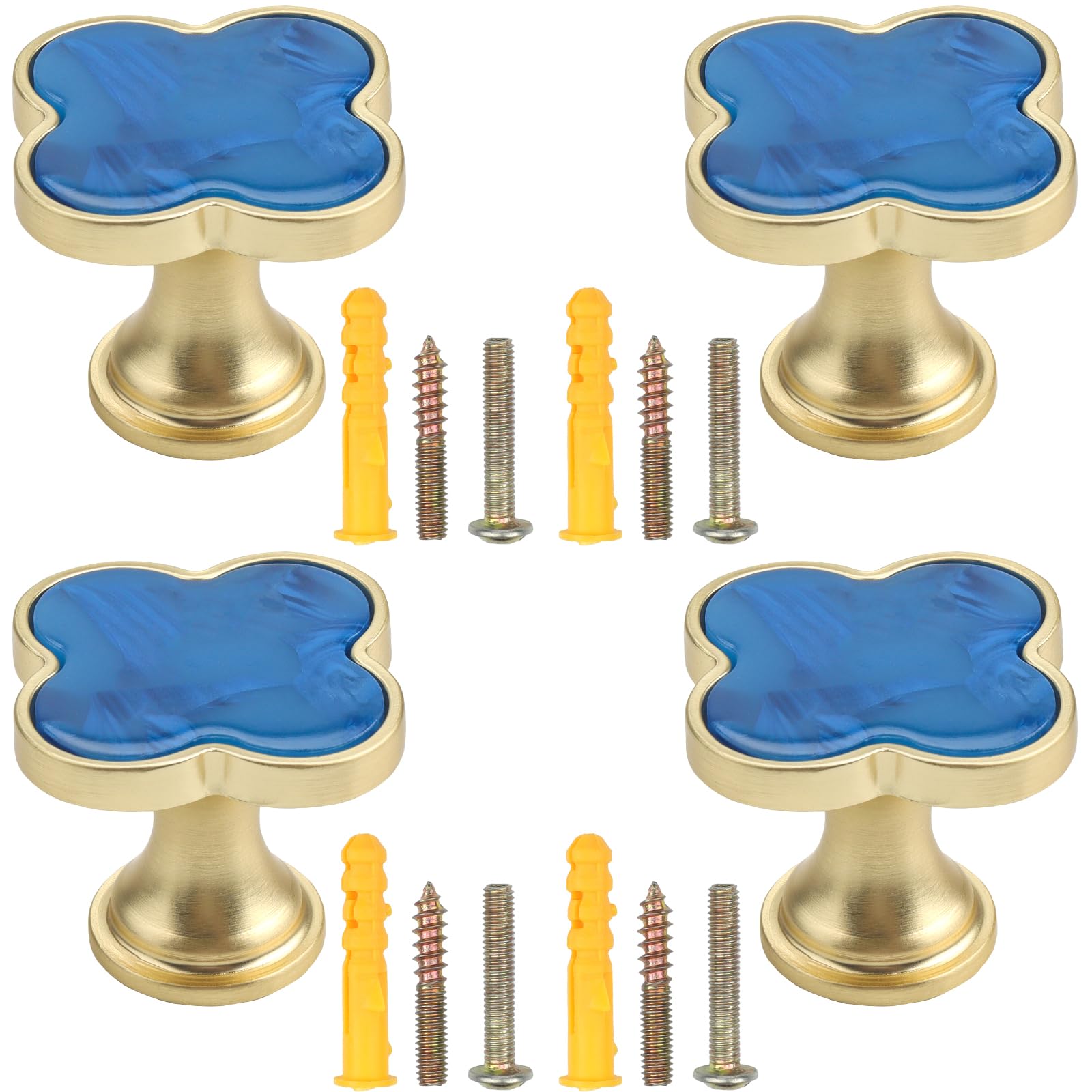 LHNNDM 4 PCS Four-Leaf Clover Handle, 33mm High Grade Light Luxury Handle Creative Door Knobs, Zinc Alloy Cabinet Knobs, Single-Hole Door Handles for Wardrobe, Dresser & Bathroom (Blue)