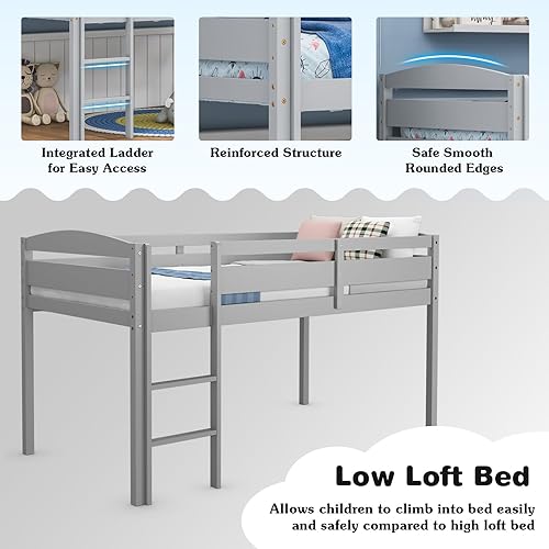 Vista 12 de Giantex Cama tipo loft individual con escalera, cama alta de madera de perfil bajo con 30 pulgadas de espacio libre y rieles de protección