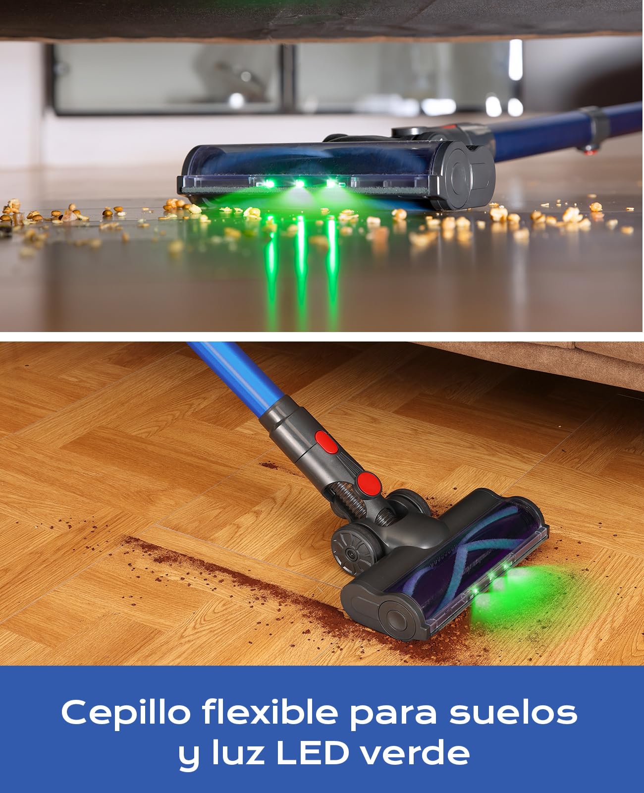 50Mins Aspiradora sin Cable, 40KPA Aspirador sin Cable, 450W Escoba Aspiradora sin Cable con Cepillo para Suelos Mejorado, Aspirador Vertical con LED Verde, para Suelo/Pelo, Azul