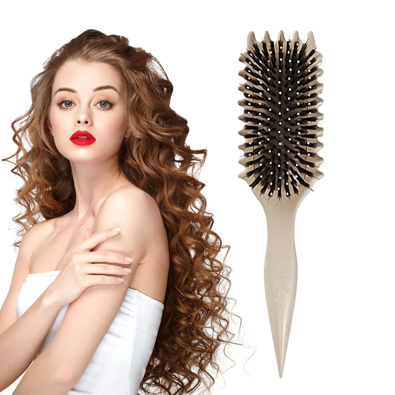 BIGTHREECurly Hair Brush, Bounce Defining Curl Brush, with Prongs, Reduce Hair Pulling And Curl Separation, Detangling, Shaping and Defining Curls, Hair Styling Tools for Women and Men (Khaki)