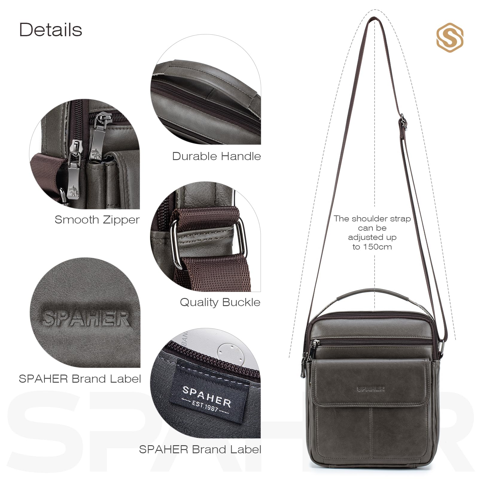 SPAHER Borsello Uomo Tracolla Pelle Grande Borsello per Ipad 11 Pollici Borsa Tracolla Impermeabile Borsetta Marsupio Uomo Multitasche per Quotidiano Lavoro Messenger Crossbody Sling Bag,Caffè