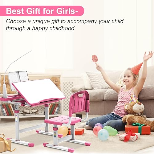 Miniatura 20 de Escritorio escolar para niños con 3 modos de luz LED, escritorio de altura ajustable para dormitorio de niños con escritorio inclinable, escritorio