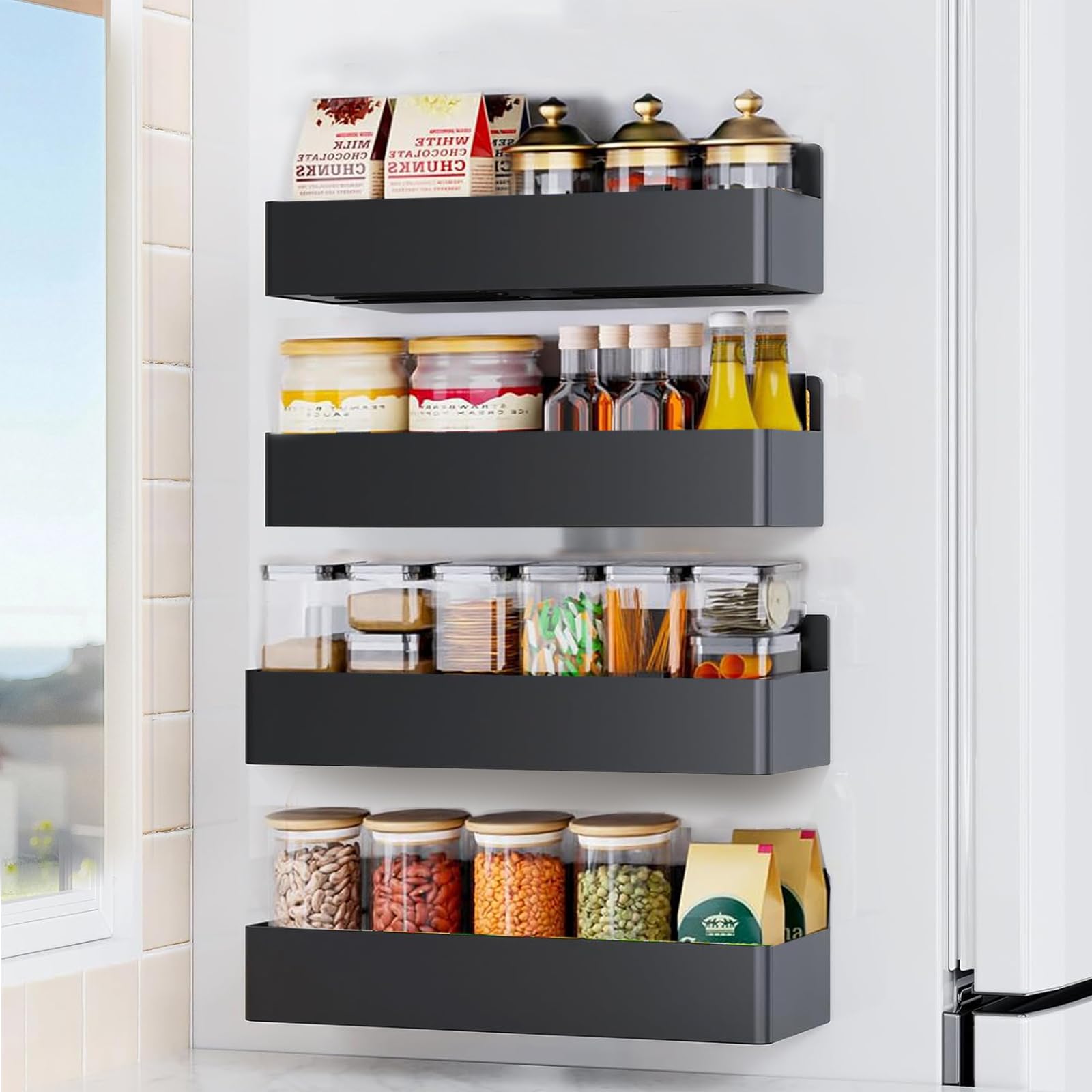 DFENGDF Magnetic Spice Rack for Refrigerator 4pack, Black Fridge Organizers And Storage，Spice Rack Organizer, Magnetic Spice Rack Organizer For Refrigerator And Oven