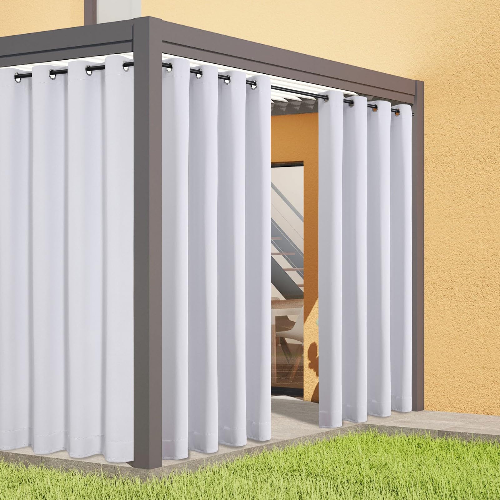 Flyfun Outdoor Curtains for Patio Waterproof - Weatherproof Porch & Gazebo Curtains, Grommet Top and Tab Bottom Drape,2 Panel, 52" W x 108" L, White