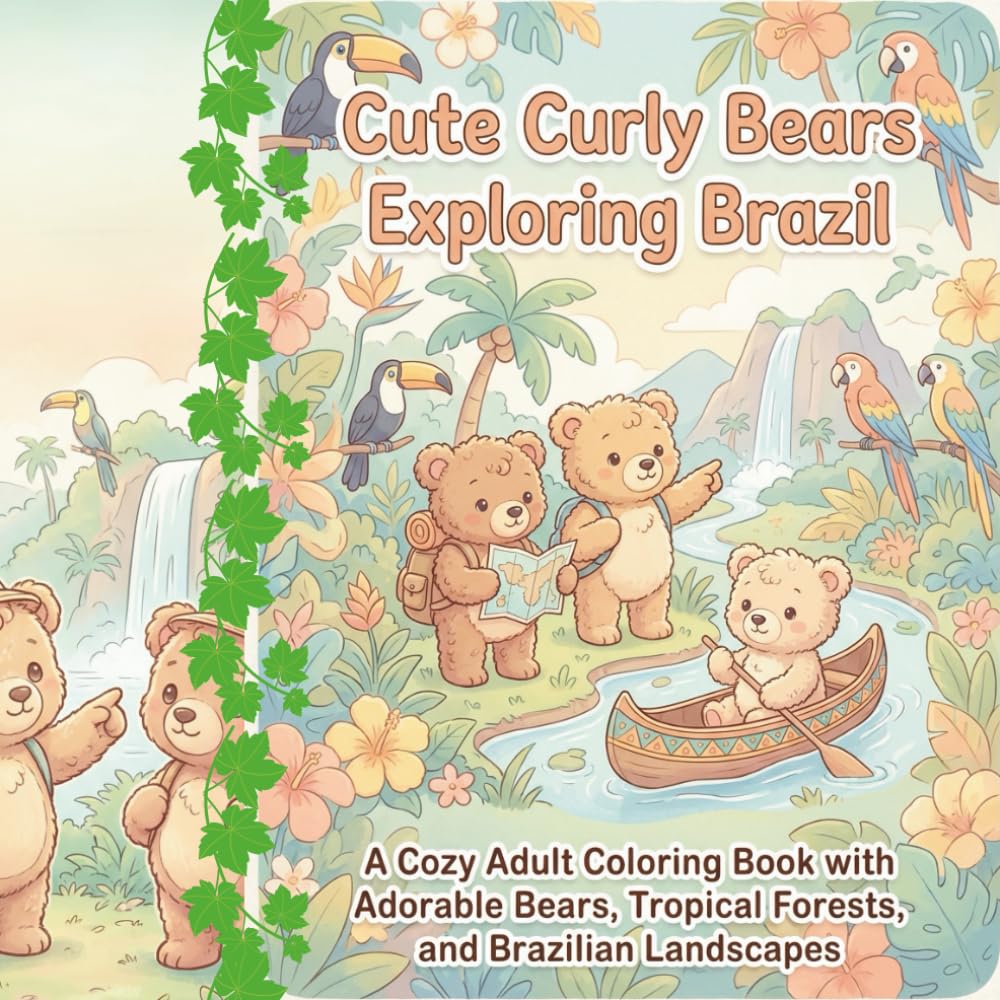 Cute Curly Bears Exploring Brazil: A Cozy Adult Coloring Book with Adorable Bears, Tropical Forests, and Brazilian Landscapes