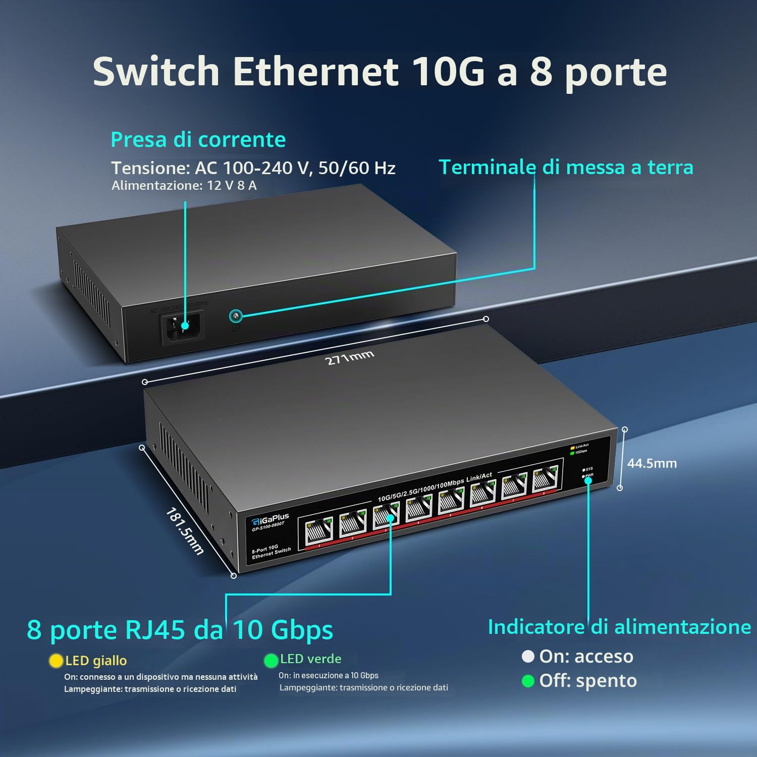 8 Port 10Gb Ethernet Switch Unmanaged, 8X 10Gbe Base-T Ports, GiGaPlus 10G Network Switch for 10Gbps NAS, PC, WiFi7 Router, 10Gbps Adapter/NIC. Desktop/ 19-inch Rack Mount, Plug and Play