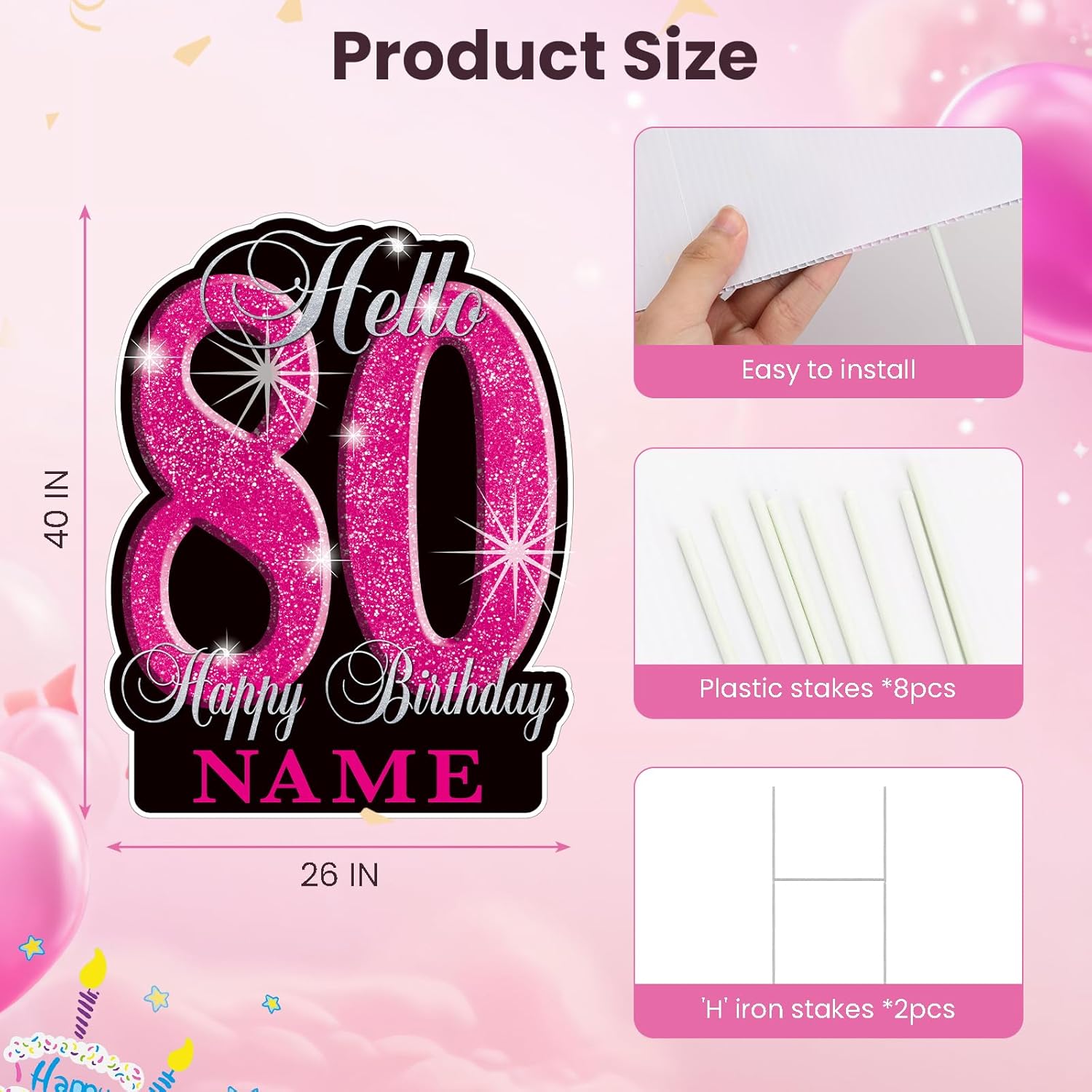 35 Inch 80 Birthday Yard Signs Personalized Name 80th Birthday Lawn Sign with Stakes Glitter Waterproof Sign for Happy 80th Party Outdoor Decorations (Yard Sign-80)