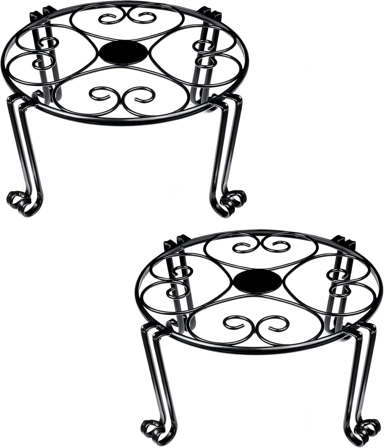POTEY 2 Pack Metal Potted Plant Stands for Indoor and Outdoor Plants Flower Pot Planter Holder, Metal Rustproof Iron Garden Container Round (Black,XL+XL)