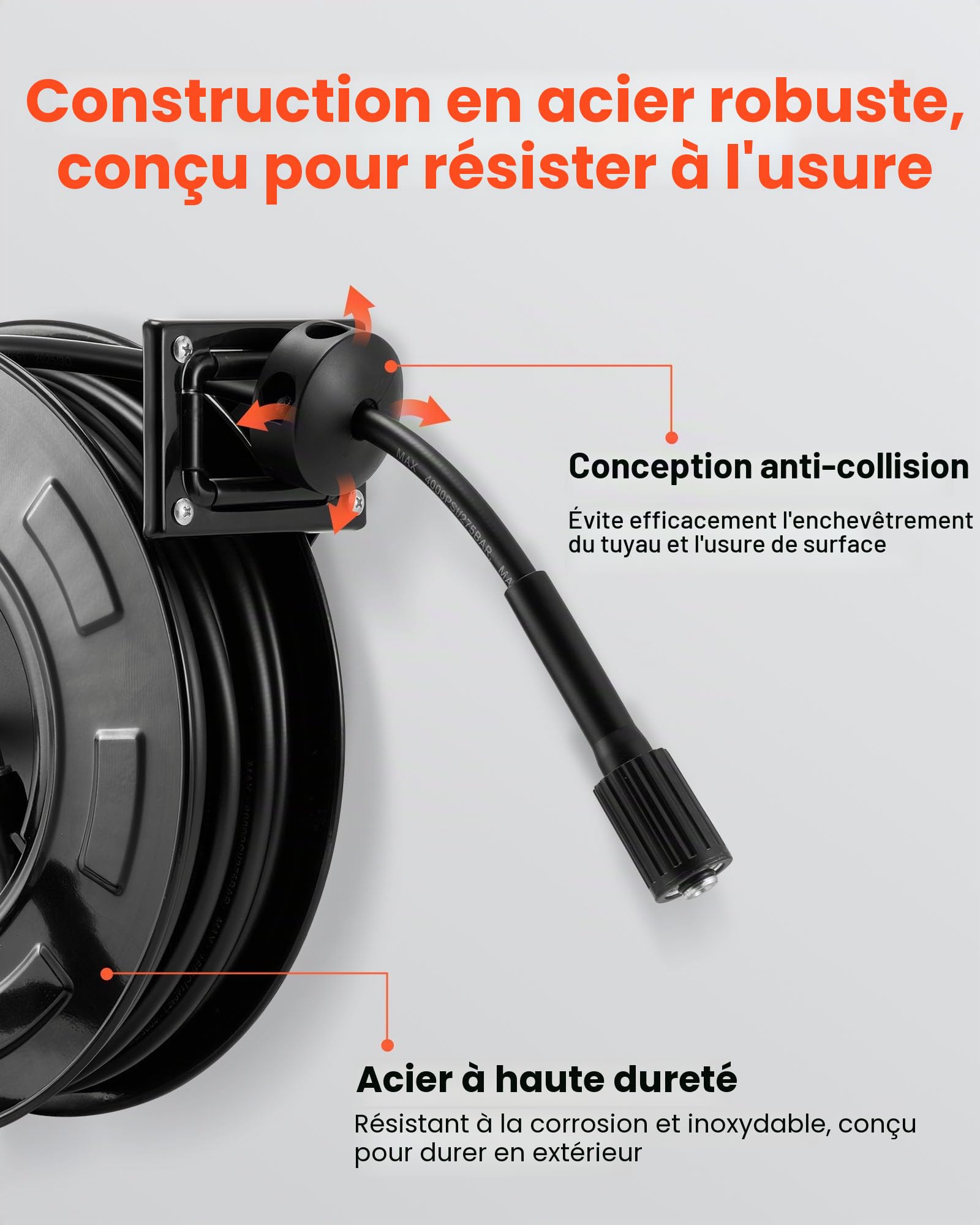 VEVOR Enrouleur de Tuyau pour Nettoyeur Haute Pression 18,3 m x 6,4 mm, Dévidoir Rétractable Acier, Montage sur Mur, Sol, Pression 275,8 bar, Enroulement Automatique pour Lavage Voiture, Sol, Jardin
