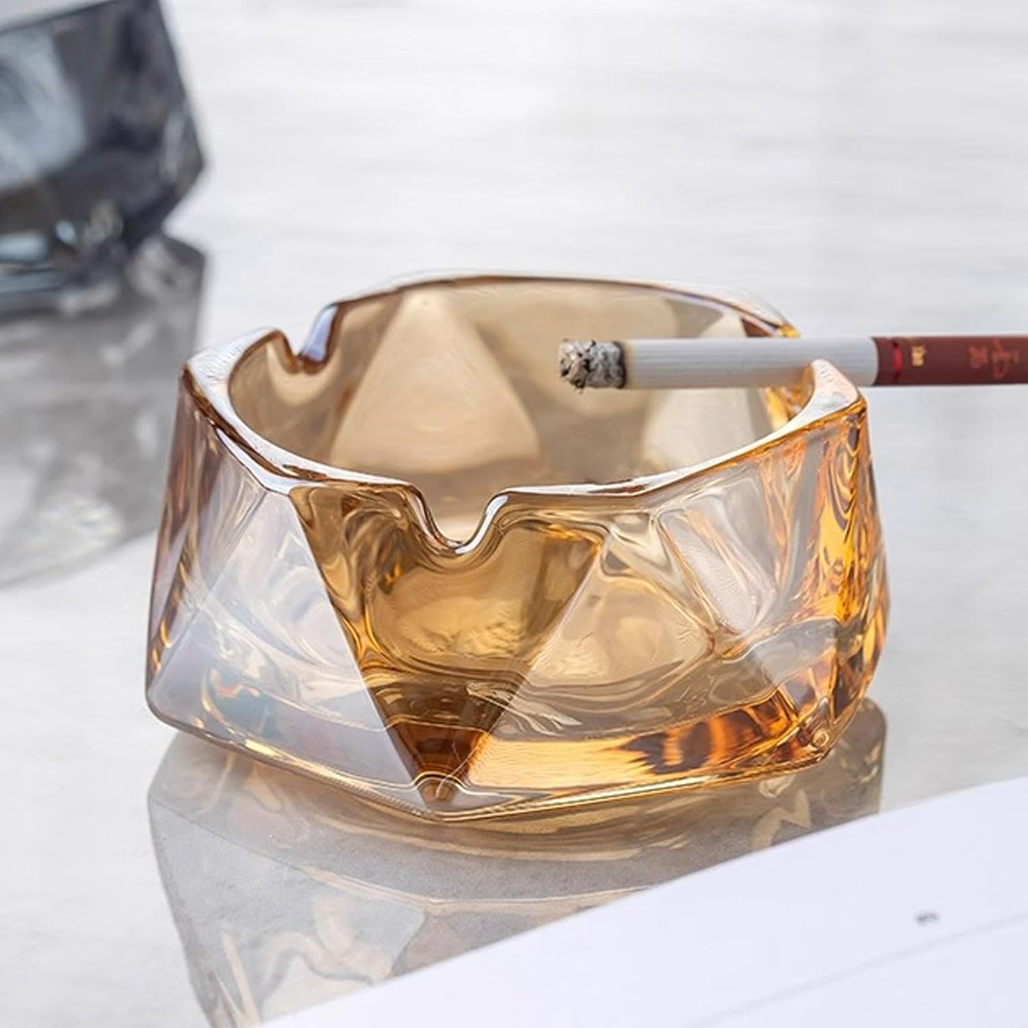 Crystal Glass Ashtrays Heavy Duty Indoor & Outdoor Ashtray for Men, Beautiful and Classic Diamond Ash tray, Home Office Desktop Tabletop Decoration, Stylish Smoking Accessory (Amber, Small)
