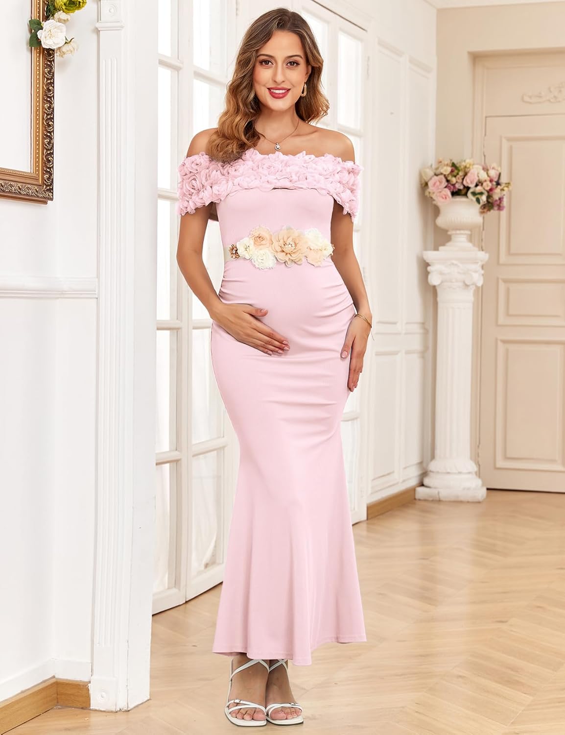 3D Floral Off The Shoulder Maternity Dress Sexy Ribbed Mermaid Maxi Bodycon Pregnancy Dresses Baby Shower