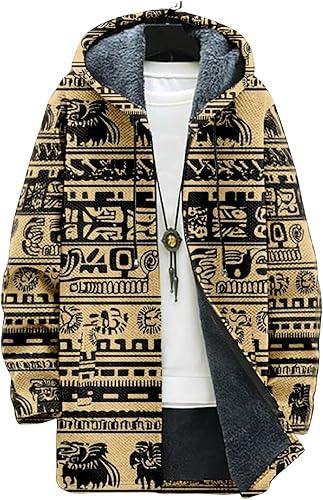 Sudadera con capucha para hombre, con estampado azteca, de algodón, con cremallera, cálida, manga larga, con capucha, abrigo midi de invierno