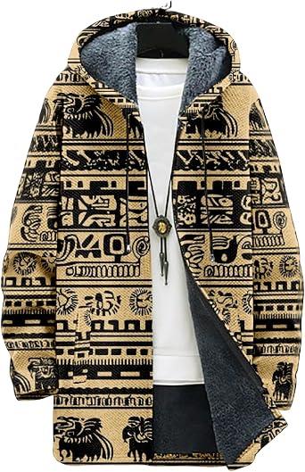 HOTYD Mens Western Fleece Lined Long Jacket Plus Size Zip Up Cardigans Vintage Aztec Print Warm Winter Jacket with Pockets