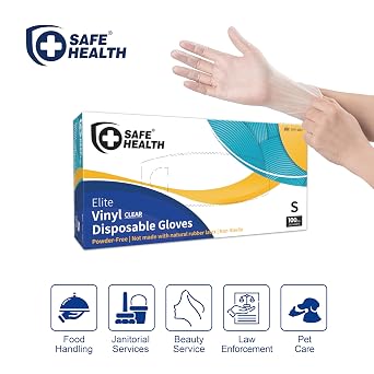 Safe Health Disposable Vinyl Gloves Multi-Purpose Plastic Gloves Food Safe, Latex Free Powder Free Non-Sterile 3 mil for Cleaning, Washing up, Salon, Service, Household, Daily, Small (Box of 100)