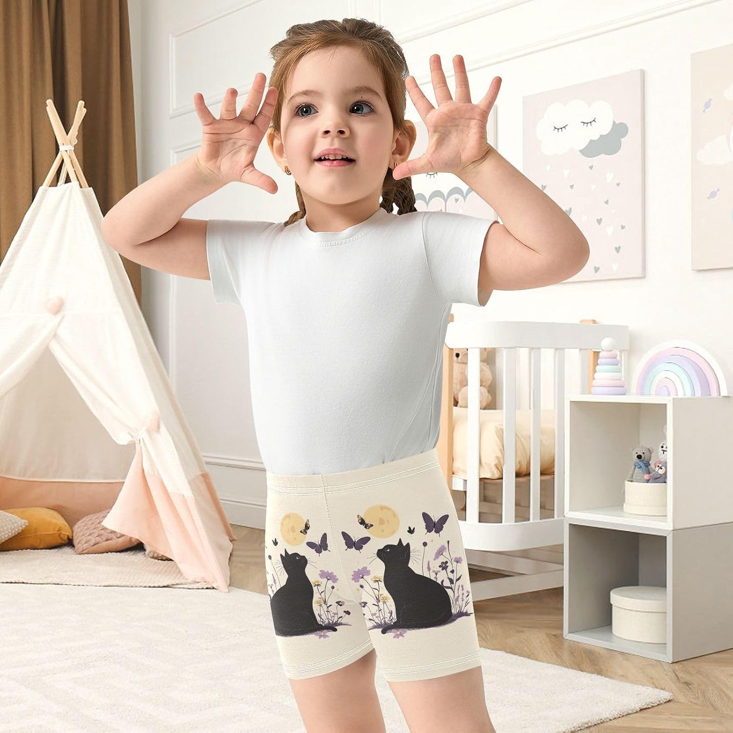 Purple Butterfly Cat Girls Bike Shorts Toddler Soft Cotton Under Dress Dance Shorts