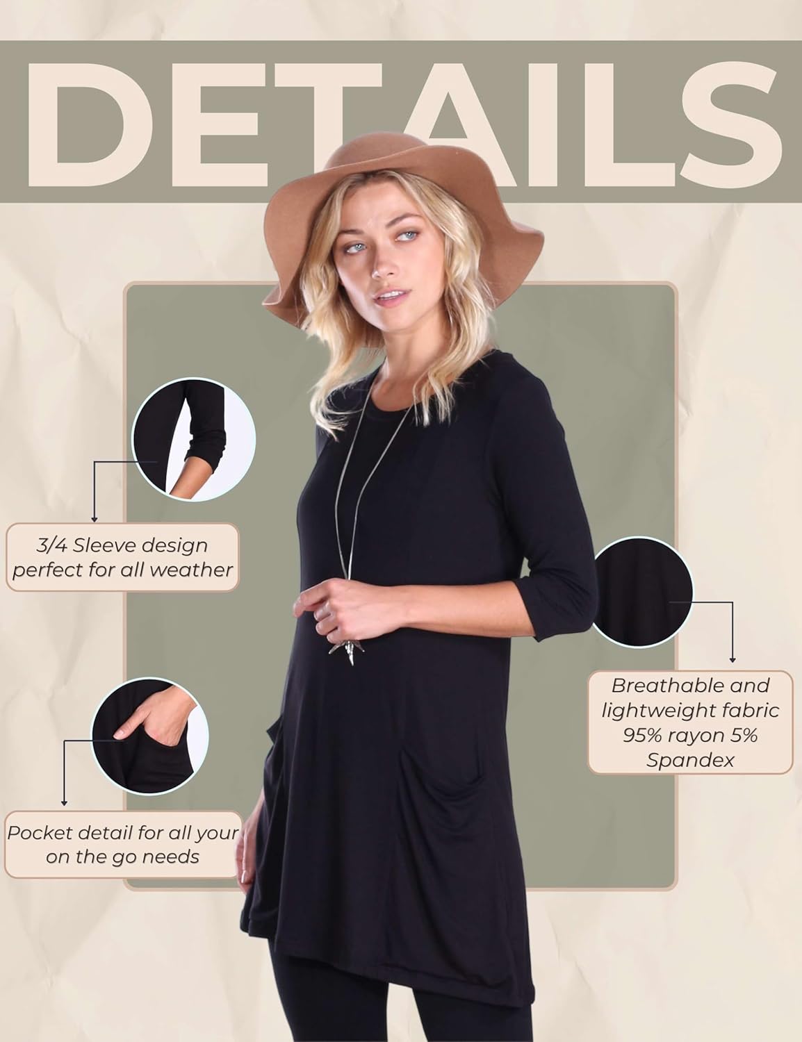 Popana Women’s 3/4 Sleeve Tunic Top – Scoop Neck Long Tunic Shirts to Wear with Leggings with Pockets - Image 6