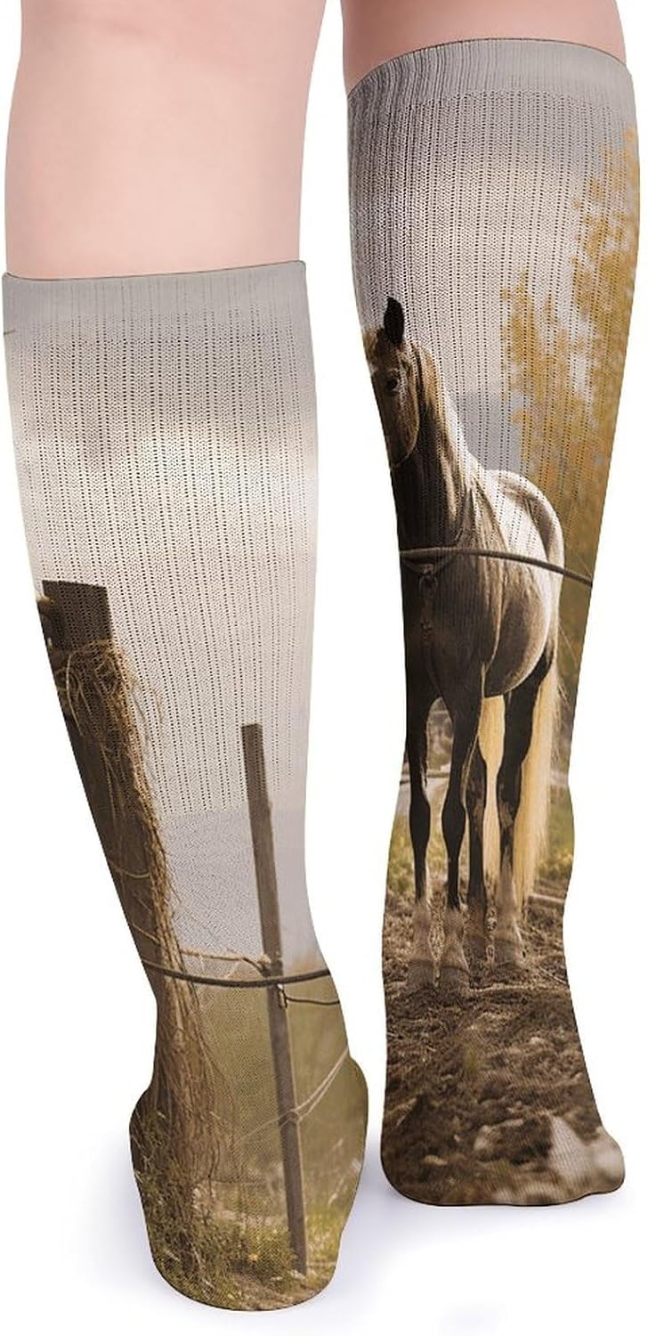 Breathable Crew Sock, Moisture Wicking, Athletic Calf Socks, Cozy | Fence And Horse Compression Socks for Women Men, Lightweight High Work Socks for Business, Casual