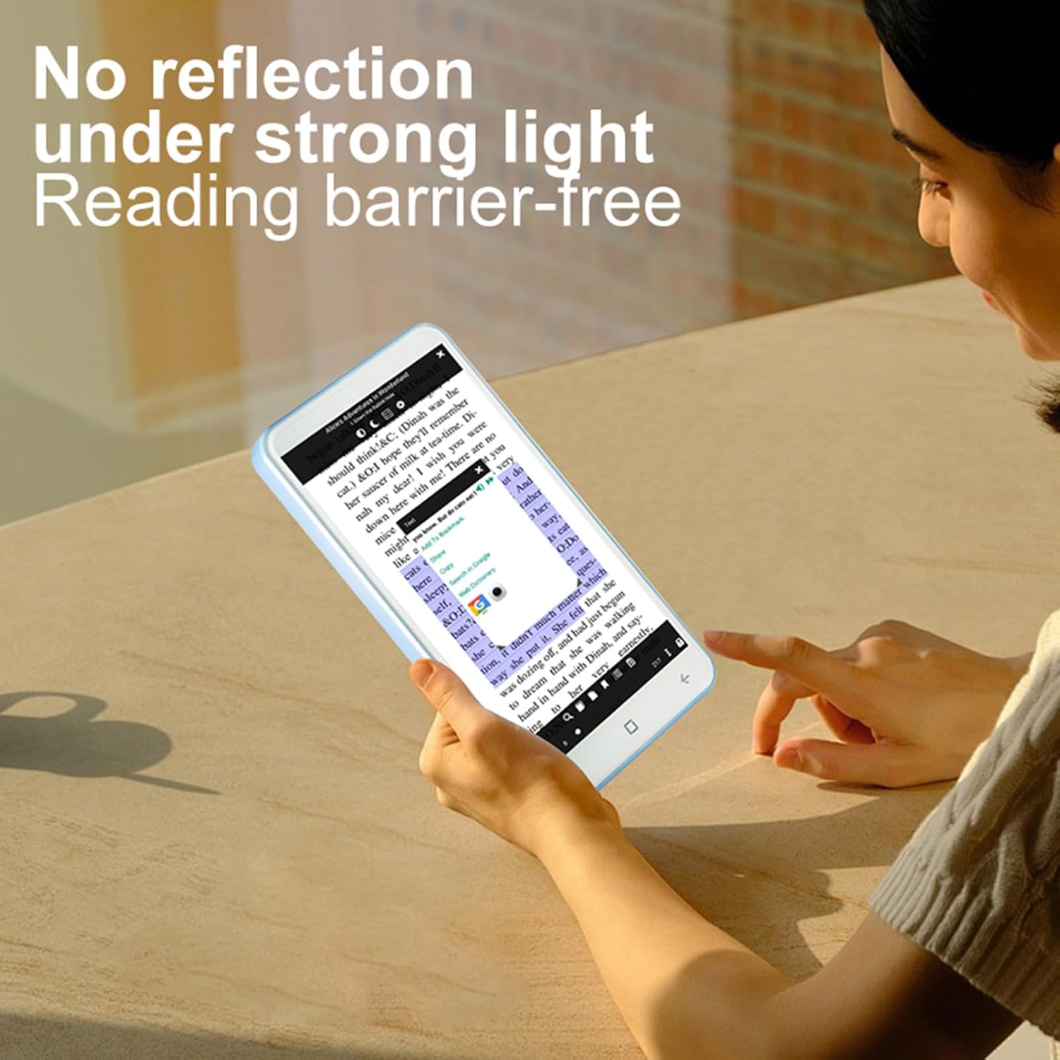 ASHATA E-Reader screen showing clear text without reflection under bright light.