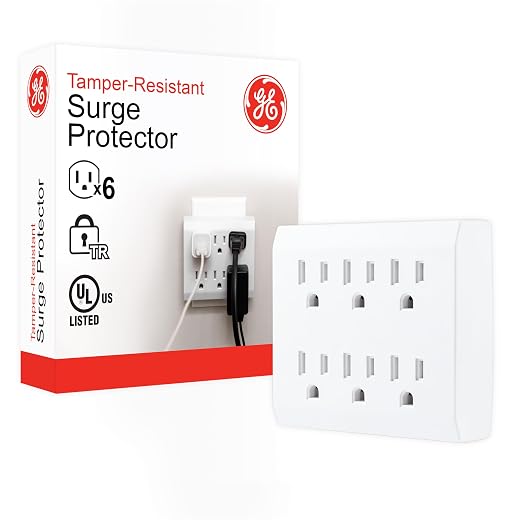 GE 6-Outlet Extender Surge Protector, Tamper-Resistant Safety Outlets, Automatic Shutdown Technology, 440 Joules, Great for Holiday Lighting/Decorations, 3-Prong, White, 37155