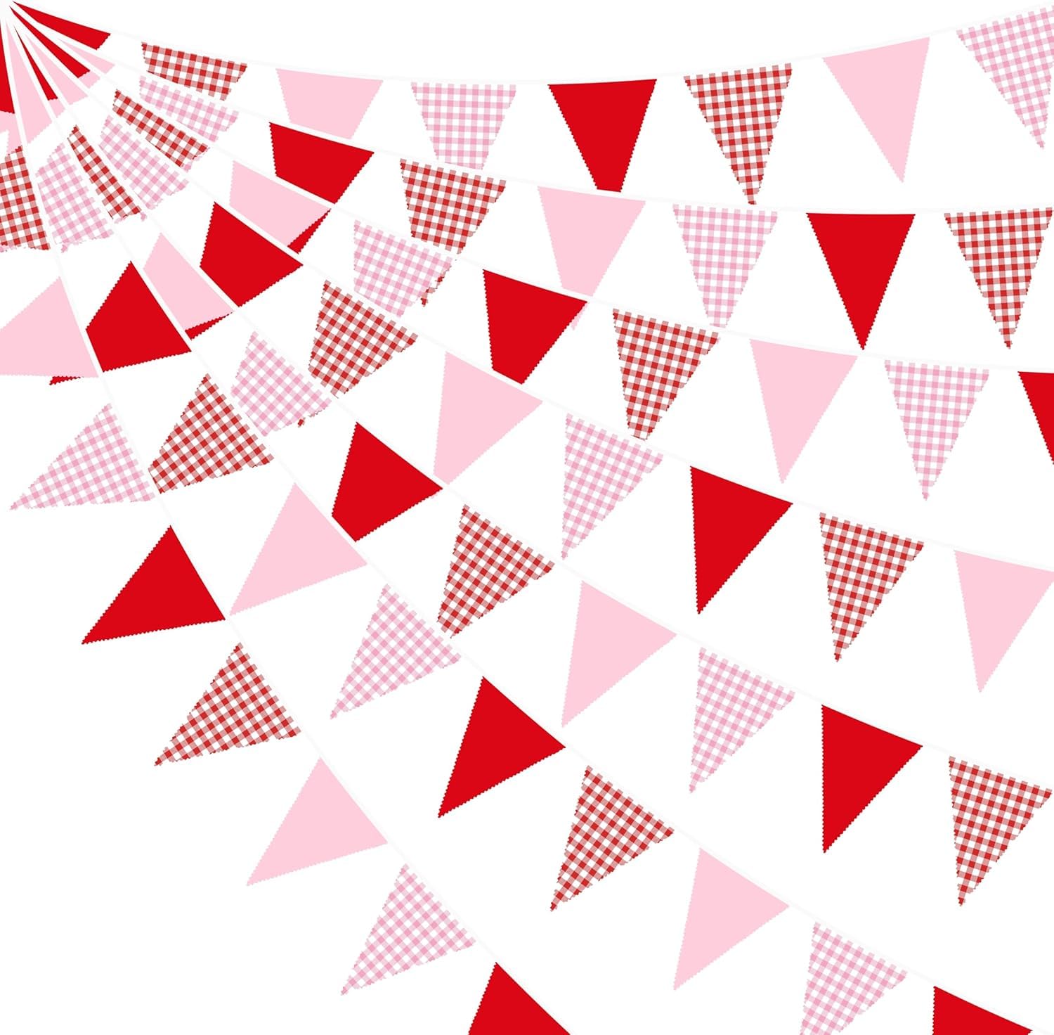 32Ft Red Pink Gingham Bunting Banner Party Decorations Red Pink Buffalo Plaid Checkered Fabric Triangle Flag Pennant Garland for Strawberry Valentine's Day Birthday Wedding Baby Shower Picnic Party