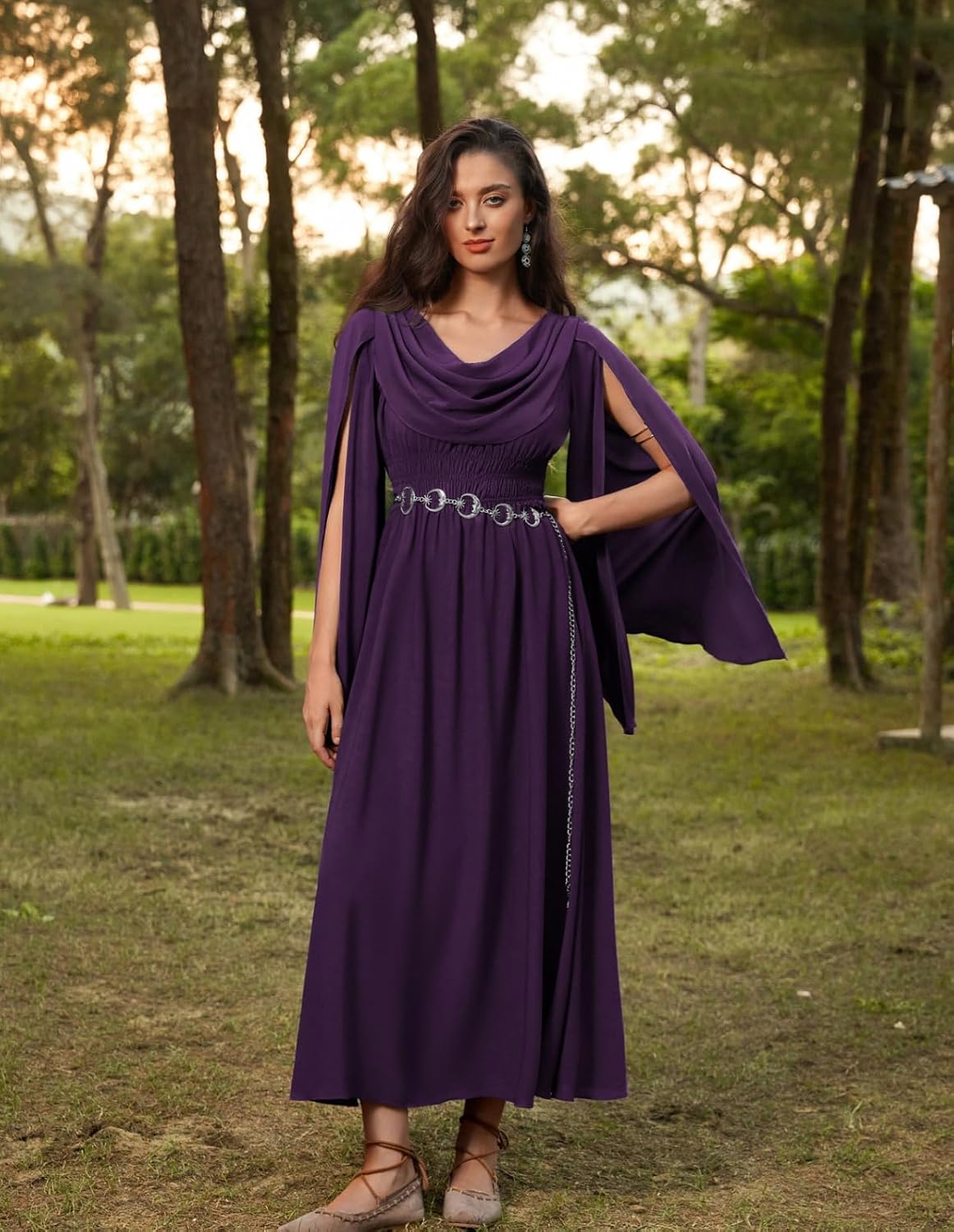 Scarlet Darkness Women Renaissance Dress Split Bell Sleeve Cowl Neck Peasant Medieval Dress - Image 2