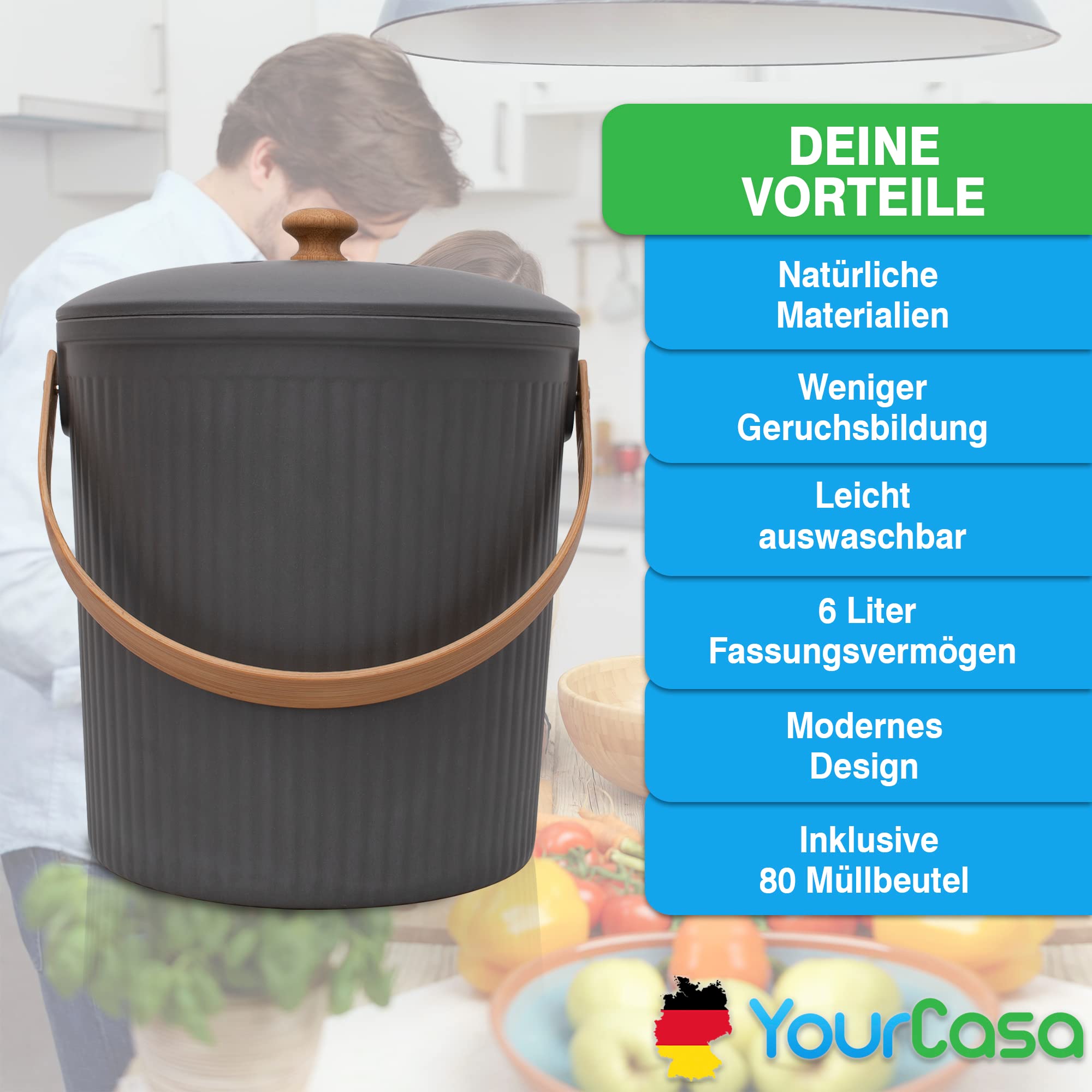 YourCasa® Kosz na kompost kuchenny – 6 l – na codzienne odpady organiczne – zmywalny – ekologiczny kosz na śmieci z pokrywką i filtrem + 80 biodegradowalnych worków na śmieci (ciemnoszary)