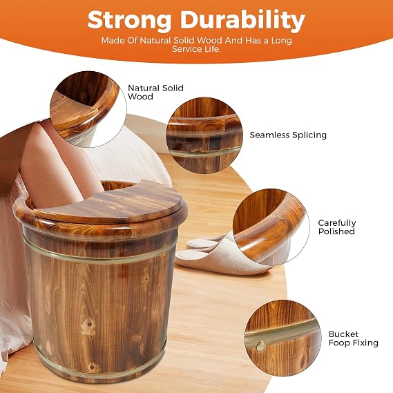 Wooden Foot Basin, 15.75 Inch Home Spa Deep Soaking Barrel Portable Wood Foots Basin Set Traditional Natural Solid Wood Foot Soak Tub with Lid for Home Spa Bath Center (with Massage Beads Plate)