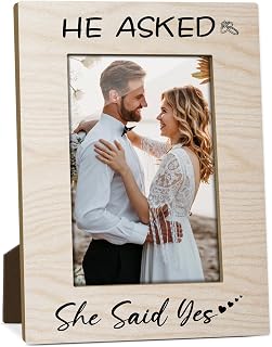 Engagement Picture Frame-He Asked She Said Yes, 4x6 Wood Photo Frame, Wedding Engagement Gifts from Newlyweds Bride Groom, Display on Table Top, Gift Ideas for Couple -72