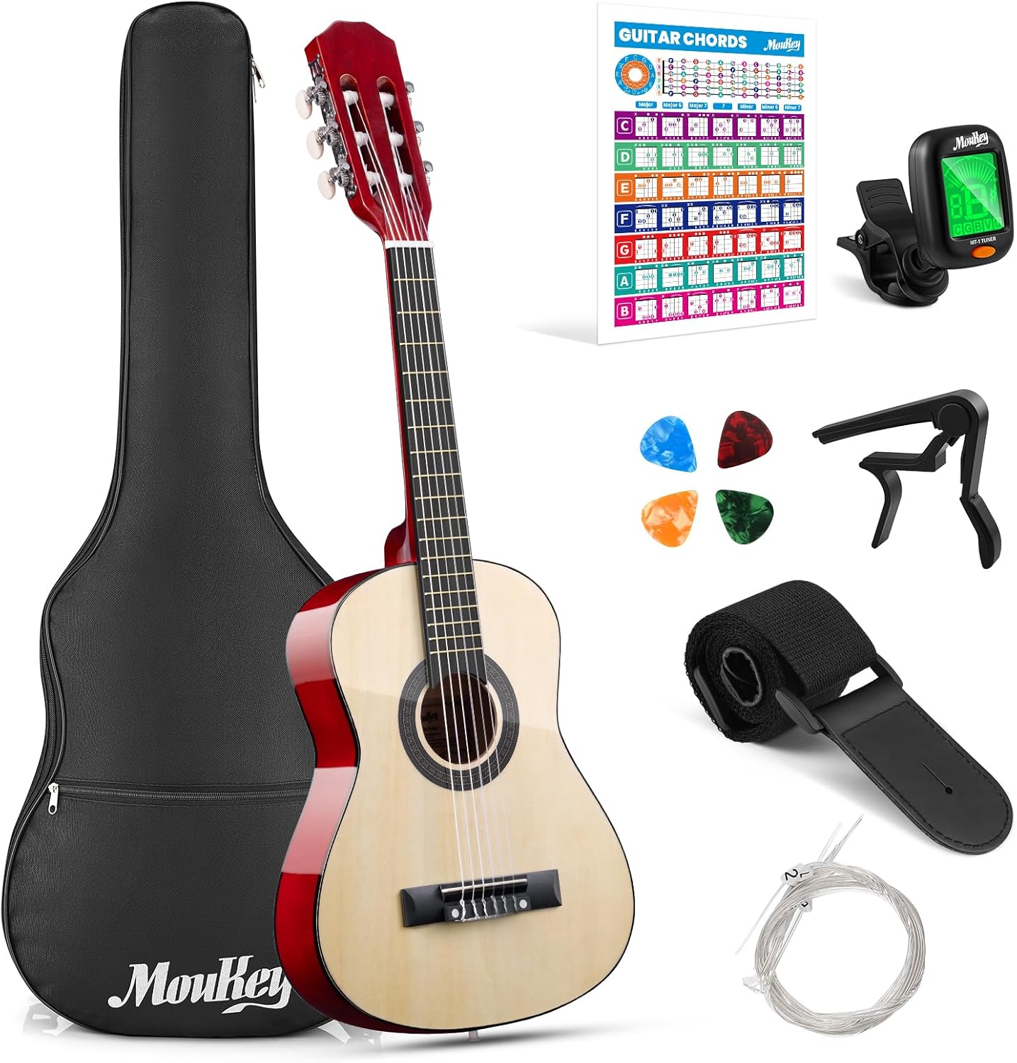 (Incomplete)Moukey 30\" Acoustic Guitar for Beginners Kids Youth 1/4 Size Dreadnought Guitarra Acustica Kit with Chord Poster, Gig Bag, Tuner, Picks, Nylon Strings, Capo, Strap - Natural Natural 30 Inch