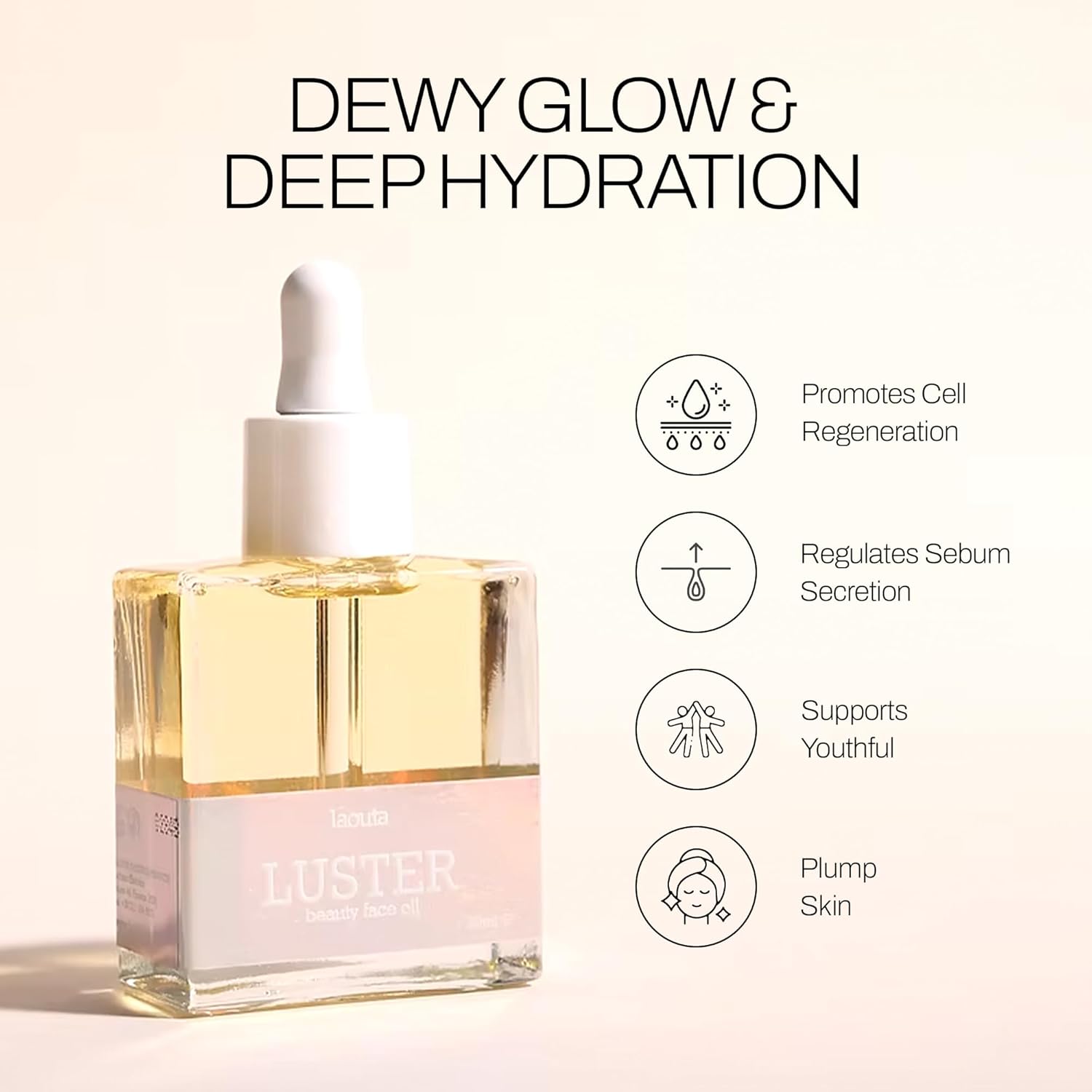 Laouta LUSTER Face Oil – Hydrating & Anti-Aging Skincare Serum – Hibiscus & Eucalyptus Flower Extract for Elasticity – Squalane Penetrates Vitamins into Dermis – Dewy Glow Night Routine - 1.01 Fl Oz - Image 2