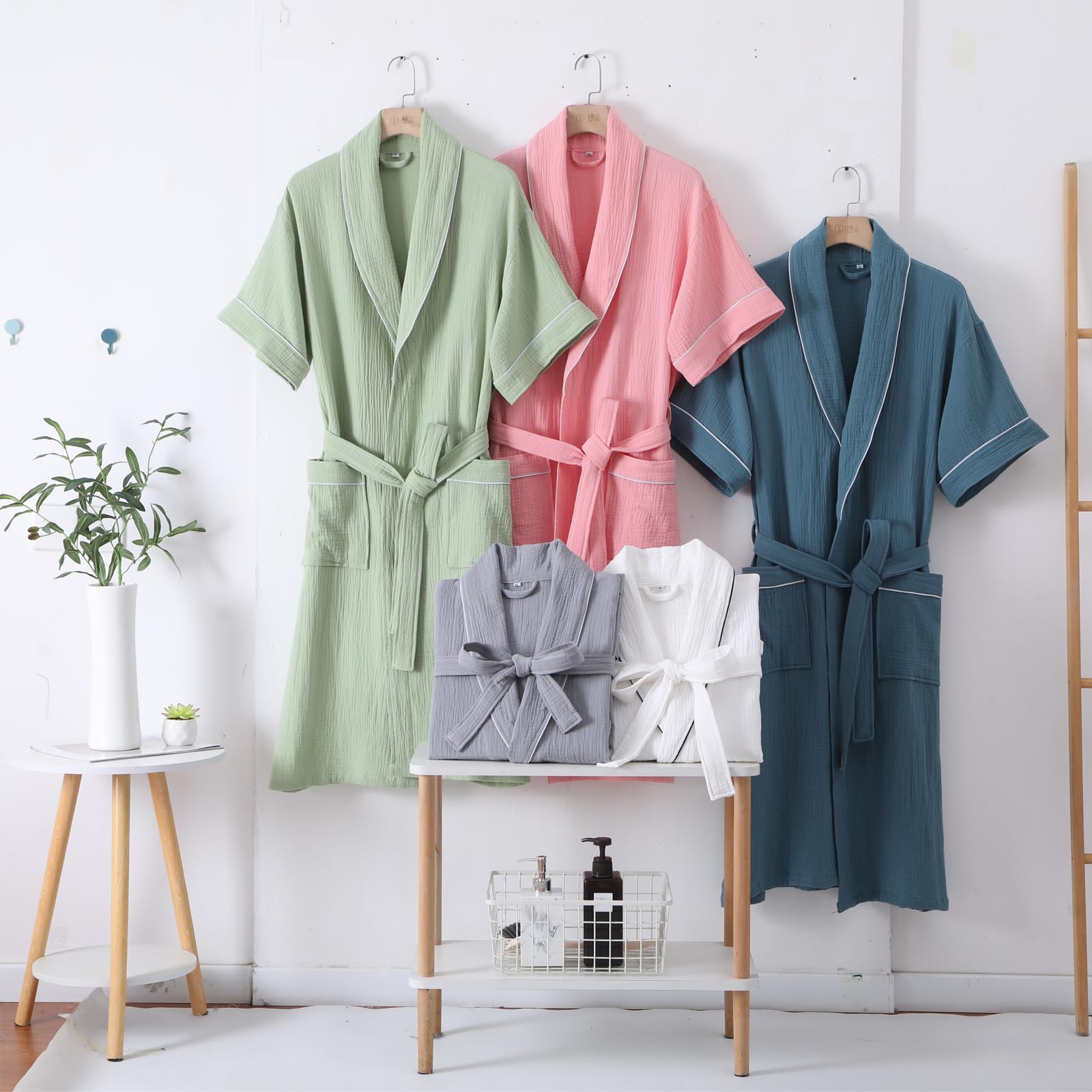 Peignoir en Gaze de Coton pour Femme Yukata Japonais Style Kimono Peignoir d'été léger à Manches Courtes,Rose,XL